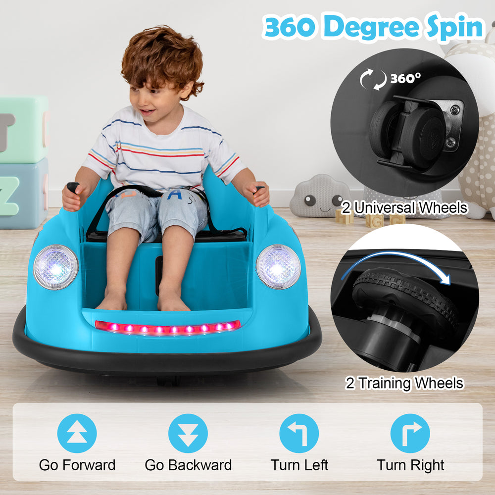 Blue 12V electric kids ride-on bumper car with remote control, featuring 360-degree spin and LED lights for indoor or.