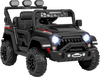 Black 12V electric kids ride-on truck with remote control, LED lights, and adjustable seat belt for safe driving fun.