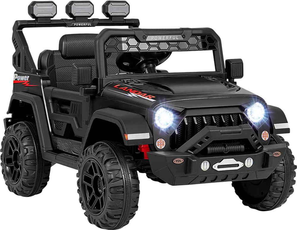 Black 12V electric kids ride-on truck with remote control, LED lights, and adjustable seat belt for safe driving fun.