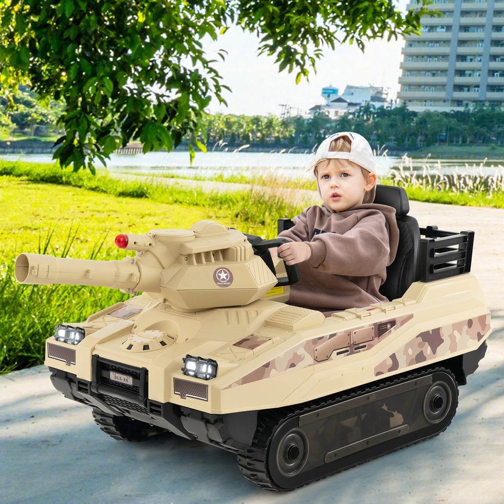 Kids ride-on tank in khaki with rotatable turret, 8 missiles, and dual operation modes for safe outdoor fun.