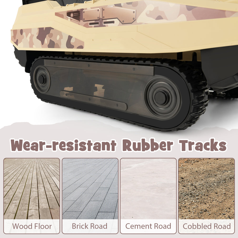 Wear-resistant rubber tracks of the khaki 12V electric kids ride-on tank, suitable for wood, brick, and cobbled roads.