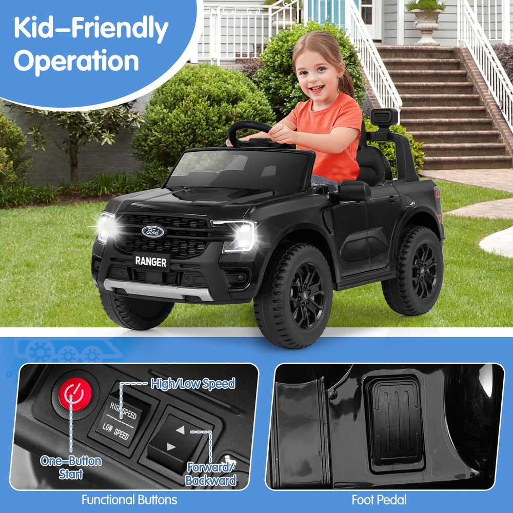 Black 12V electric kids ride-on car, Ford Ranger design, featuring remote control and multimedia player for outdoor fun.