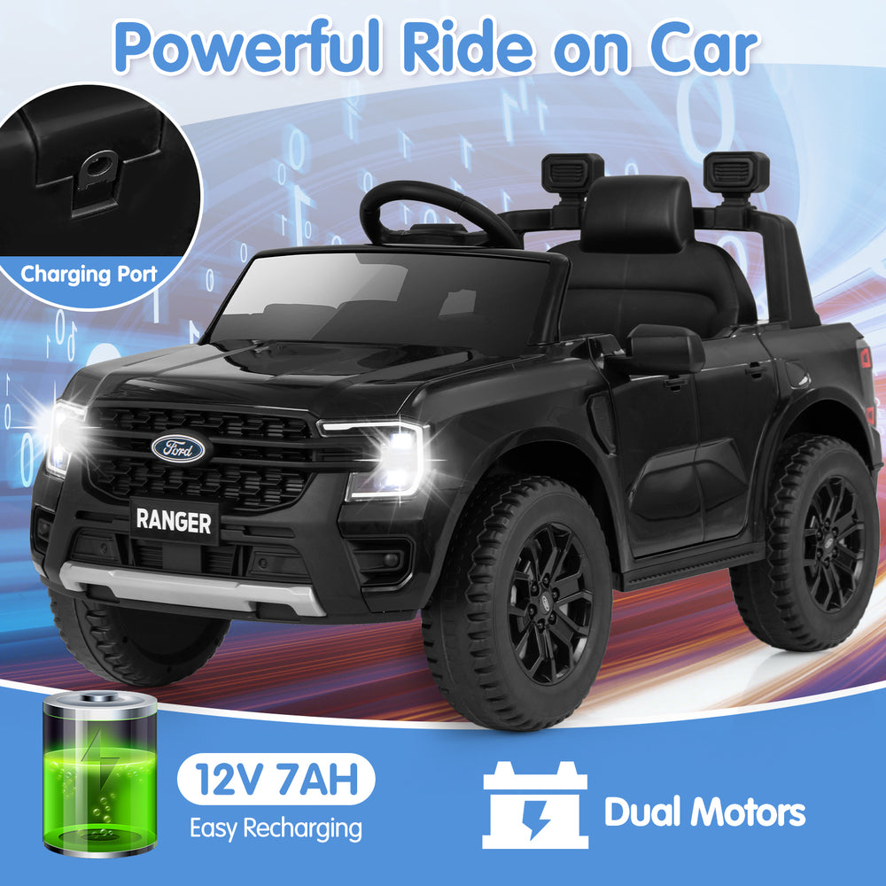 Black 12V electric kids ride-on car, licensed Ford Ranger, featuring remote control, LED lights, and ergonomic seat for.