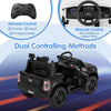 12V electric kids ride-on car in black with remote control, manual mode, and realistic features for safe driving fun.