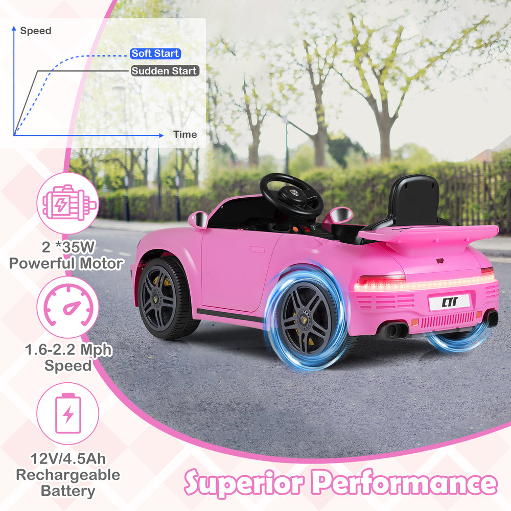 Pink 12V electric ride-on car with dual 35W motors, remote control, and stylish design for kids aged 3 and up.
