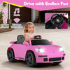 Pink 12V electric ride-on car with remote control, music, and LED headlights for kids aged 3 and up.