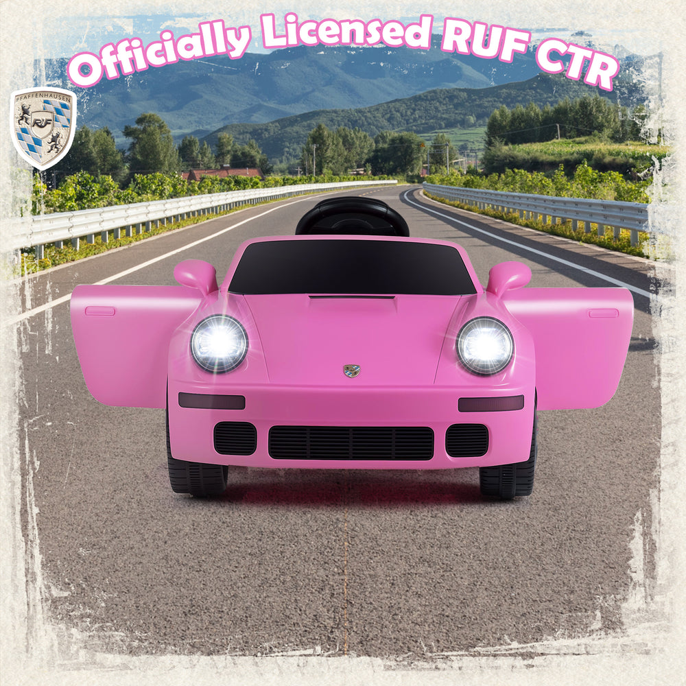 Pink 12V electric ride-on car licensed RUF CTR with remote control, LED headlights, and openable doors for kids.