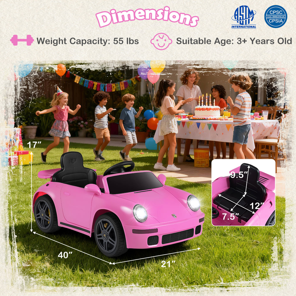 Pink 12V electric ride-on car with remote control, featuring a stylish design and suitable for kids aged 3 and up.