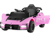 Maserati licensed 12V kids ride-on car in pink with LED headlights, multimedia center, and safety features for ages 3-8.