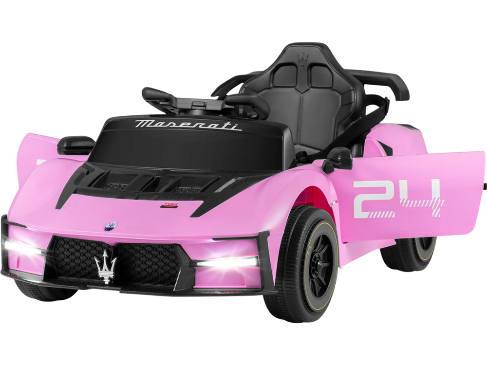 Maserati licensed 12V kids ride-on car in pink with LED headlights, multimedia center, and safety features for ages 3-8.