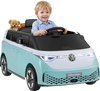 Kids electric Volkswagen car in blue with LED headlights, remote control, and music features for fun outdoor driving.