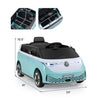 Kids electric car bus in blue with LED headlights, 12V battery, and remote control for fun outdoor driving.