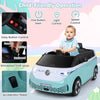 Kids electric car bus in blue with LED headlights, featuring easy button control and simulated shift lever for fun.