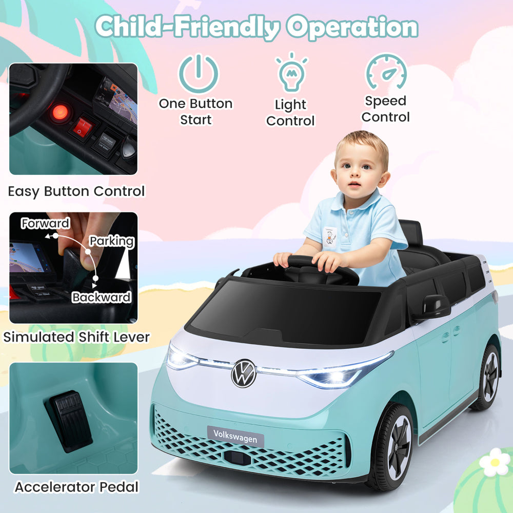 Kids electric car bus in blue with LED headlights, featuring easy button control and simulated shift lever for fun.