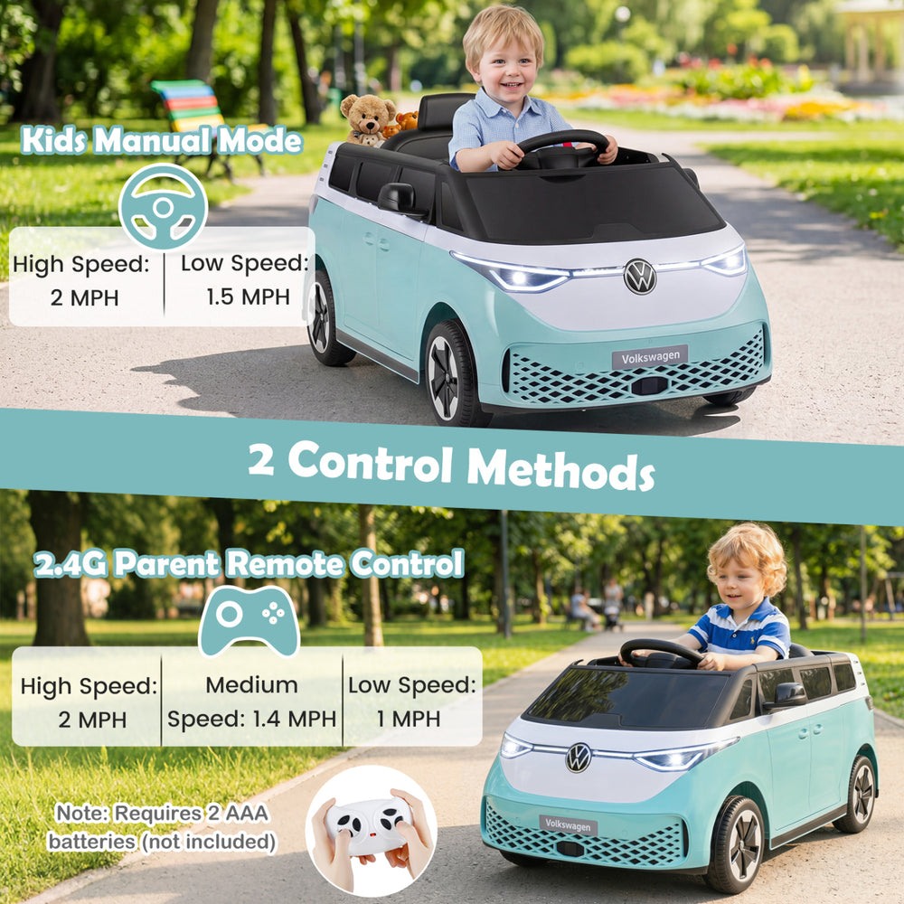 Kids electric car bus in blue with LED headlights, featuring manual and remote control for safe outdoor fun.
