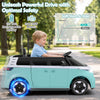 Kids electric car bus in blue with LED headlights, 12V battery, dual motors, and music features for safe driving fun.