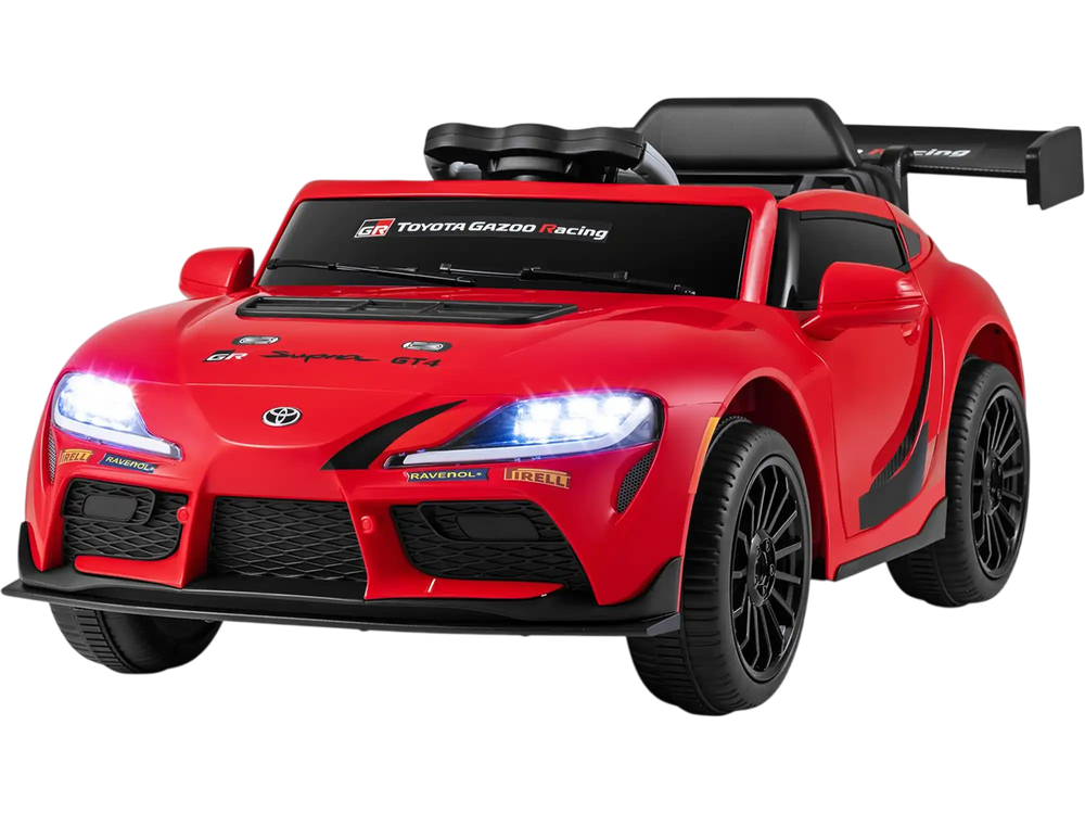 Red 12V kids electric car shown from the side, with bright headlights and Toyota styling for outdoor rides.