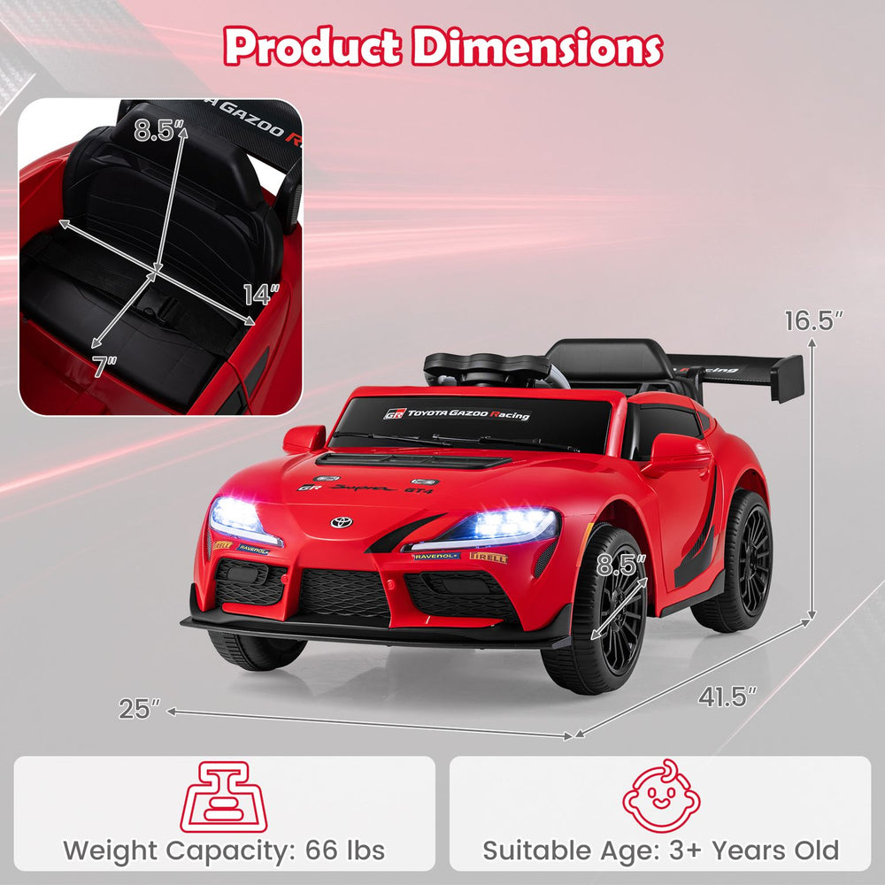 Red 12V kids electric car with Toyota styling shown in a dimension diagram with measurements and parent remote control.