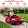 Red 12V kids electric Toyota car with parent remote control, shown in a garden with a child at the wheel.