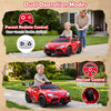 Red 12V kids electric car with parent remote control, shown from the front with a child driving outdoors.