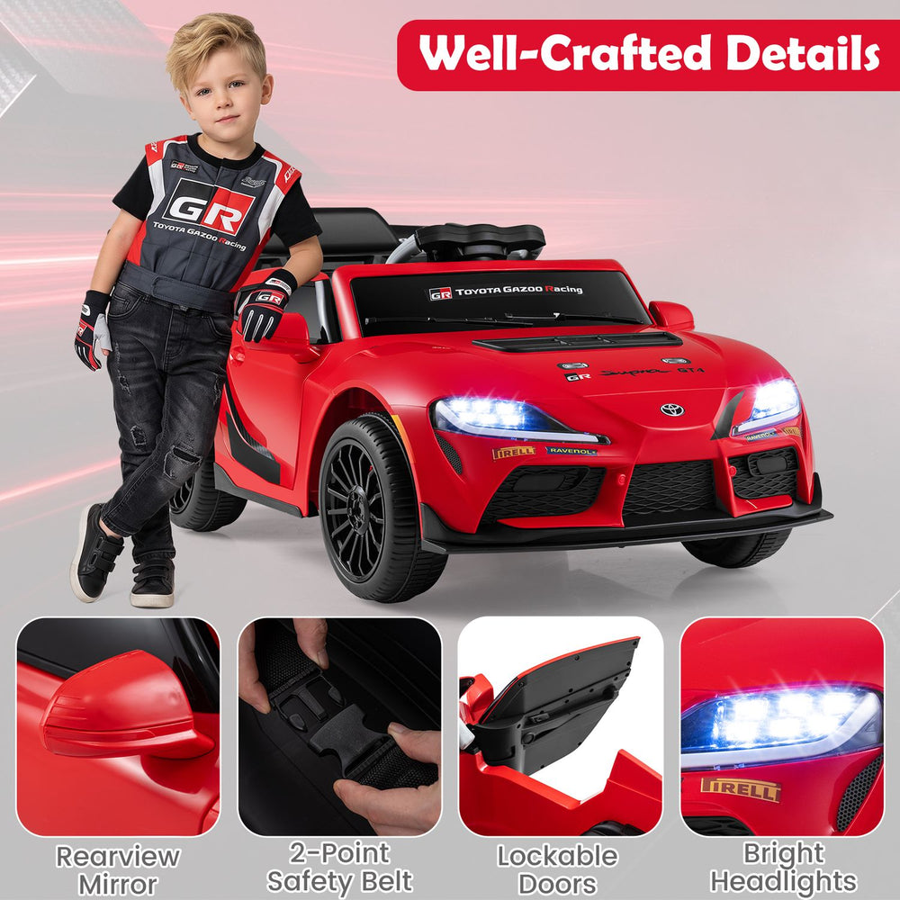 Red 12V kids electric car with Toyota styling, shown with child-sized driver and bright headlights.