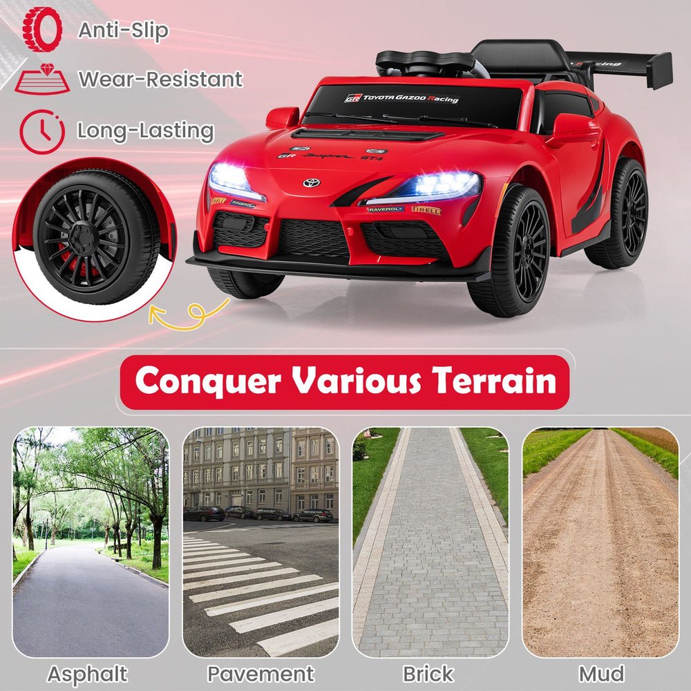 Red 12V Toyota kids electric car shown from the front and side, with anti-slip wheels for outdoor driving.