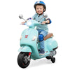 Kids electric VESPA motorcycle in green with training wheels, LED headlights, and music features for safe outdoor fun.