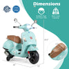 Kids electric motorcycle in green with training wheels, music features, and dimensions for ages 3-6 years.