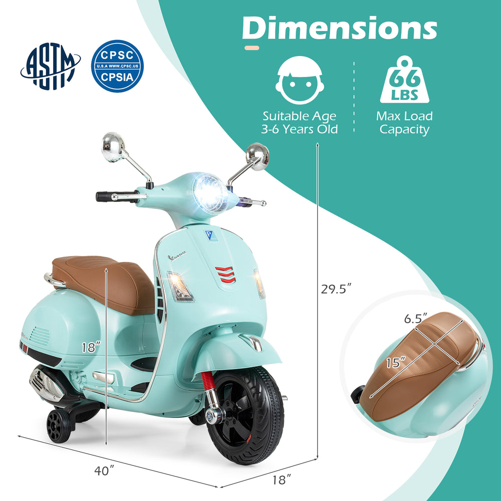 Kids electric motorcycle in green with training wheels, music features, and dimensions for ages 3-6 years.