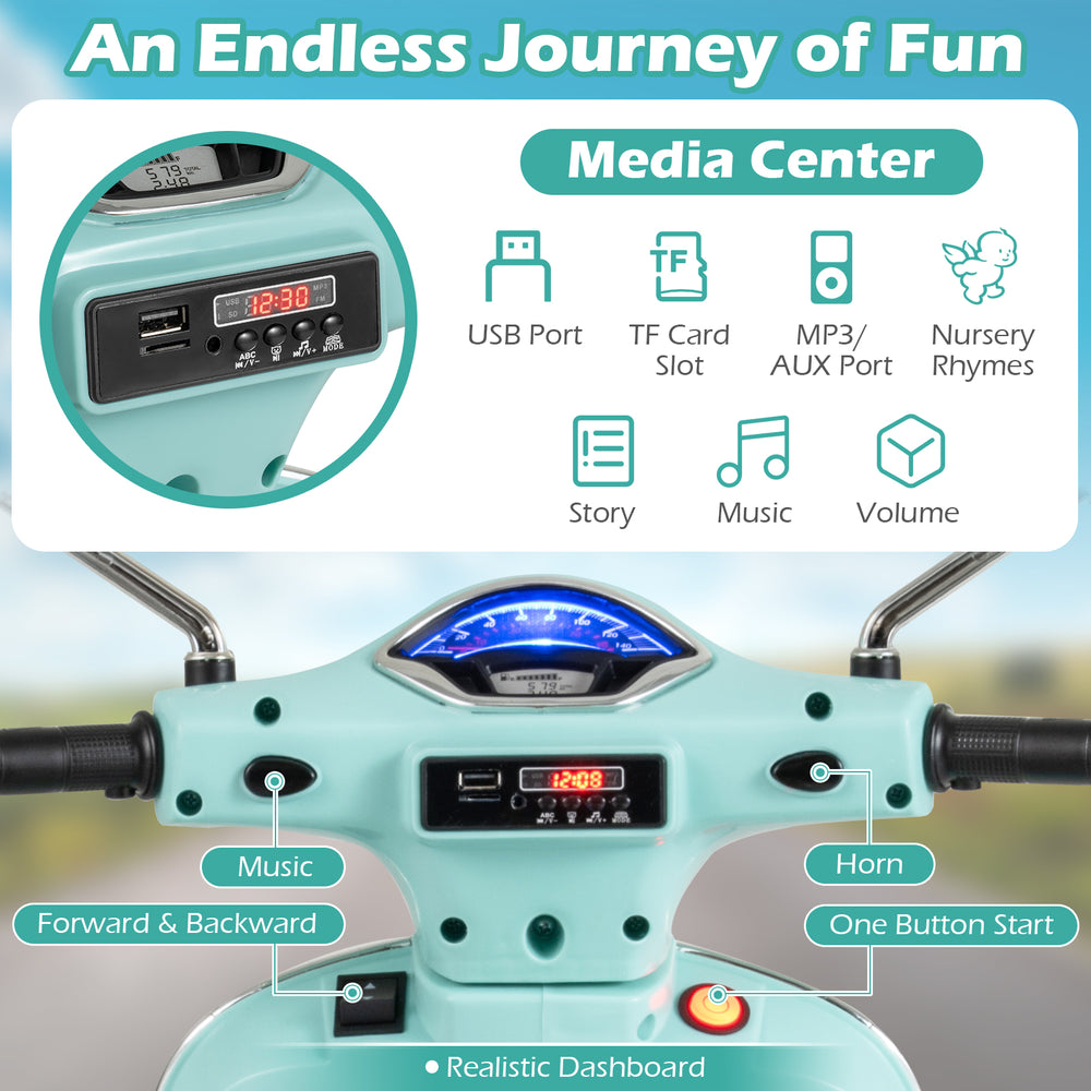 Kids electric motorcycle dashboard featuring USB, MP3/AUX ports, horn, and one-button start for fun rides.