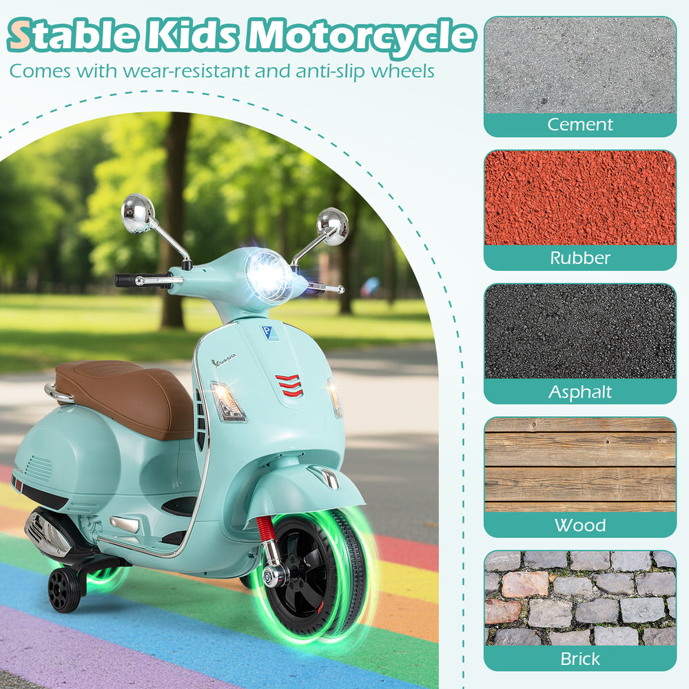 Stable green 12V kids electric motorcycle with training wheels, LED headlights, and music features for safe outdoor fun.