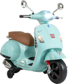 Kids electric motorcycle in green, licensed VESPA with training wheels, music features, and LED headlights for safe fun.