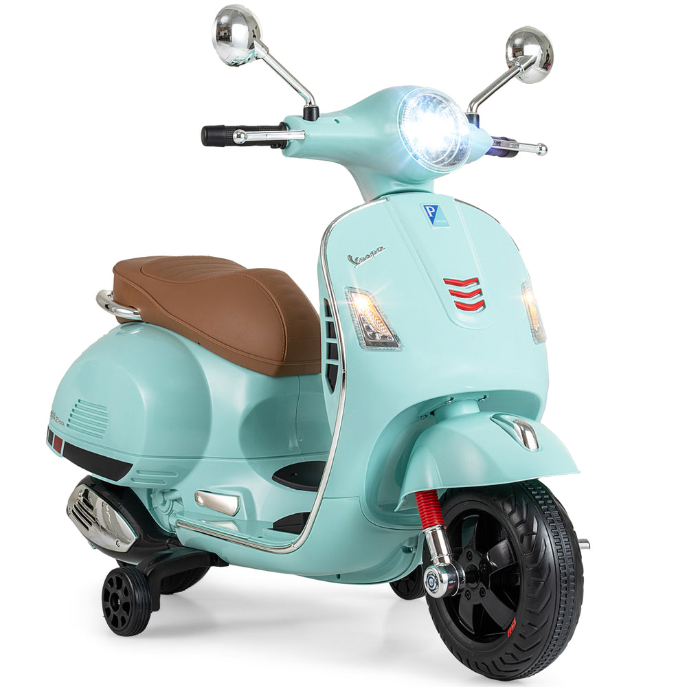 Kids electric motorcycle in green with training wheels, music features, and LED headlights for safe outdoor fun.