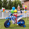 Blue 12V kids motorcycle with training wheels and spring suspension, perfect for outdoor birthday celebrations.