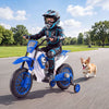 Kids' navy 12V motorcycle with training wheels features dual motors, spring suspension, and a comfortable saddle for outdoor fun.