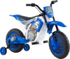 The 12V kids motorcycle in navy features training wheels, dual motors, and spring suspension for a smooth ride.