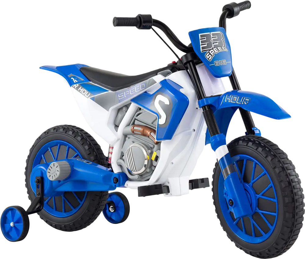 The 12V kids motorcycle in navy features training wheels, dual motors, and spring suspension for a smooth ride.