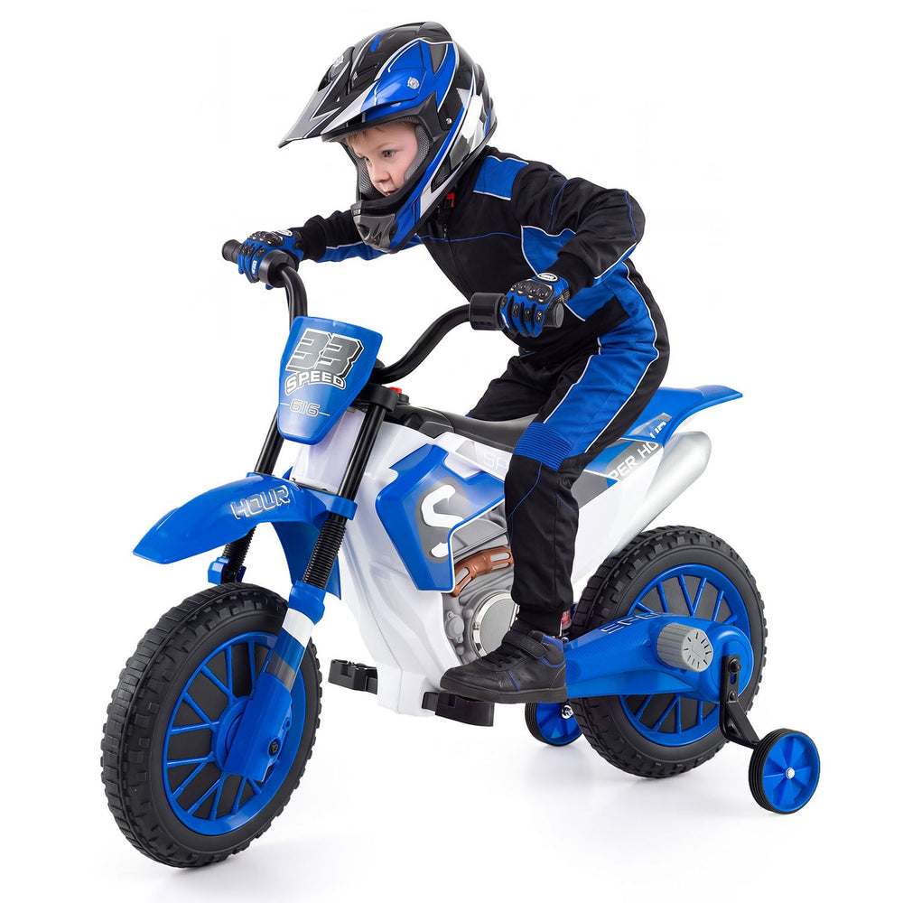 Kids' 12V motorcycle in navy with training wheels, spring suspension, and realistic design for safe outdoor riding.