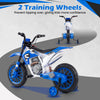 12V kids motorcycle in navy with training wheels and spring suspension for stable riding and enhanced confidence.