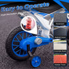 12V kids motorcycle in navy with training wheels and spring suspension, designed for smooth rides on various surfaces.