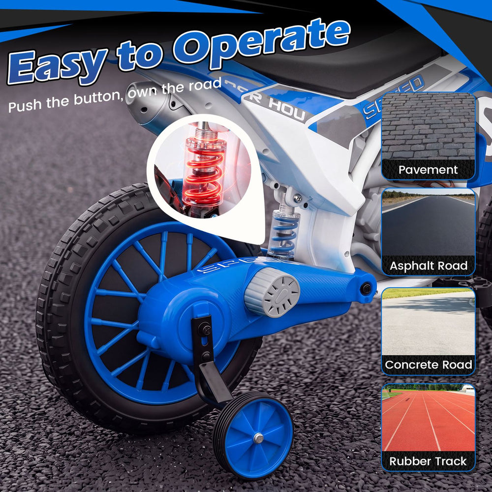 12V kids motorcycle in navy with training wheels and spring suspension, designed for smooth rides on various surfaces.