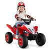 Red 12V kids ride-on ATV with LED lights, featuring a young girl wearing a helmet and protective gear, for safe outdoor.