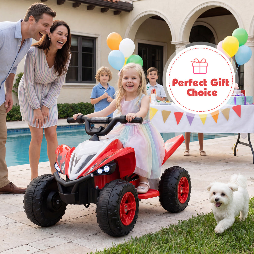 Kids ride-on ATV in red with LED lights, perfect gift choice for young racers aged 3+, shown at a festive outdoor party.