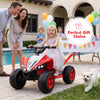 Kids ride-on ATV in red with LED lights, perfect gift choice for young racers aged 3+, shown at a festive outdoor party.