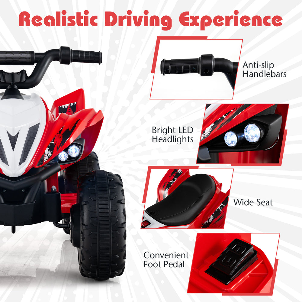Red 12V Kids Ride On ATV with LED headlights, anti-slip handlebars, and wide seat for safe, fun rides.