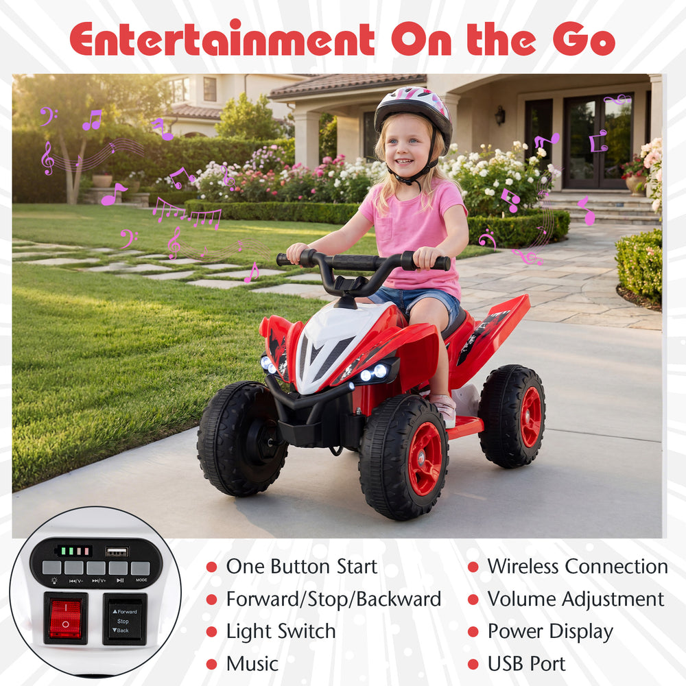 Red 12V Kids Ride On ATV with LED lights, USB port, and control panel for safe, fun rides on various terrains.