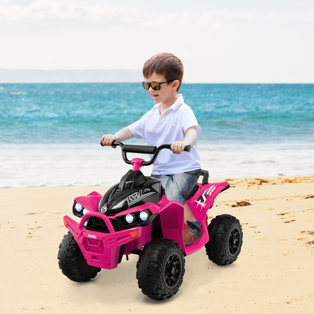 Pink 12V kids ride-on ATV with comfortable seat, anti-slip wheels, and high/low speed options, perfect for beach fun.