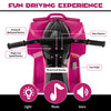 Close-up of the pink 12V kids ATV control panel featuring buttons for speed, music, and headlights for fun driving.