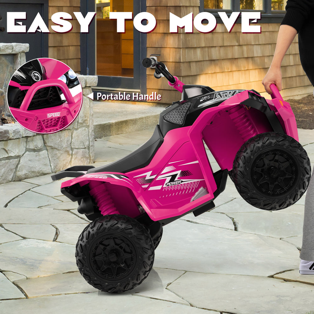 12V kids ride-on ATV in pink with a portable handle, designed for easy movement and safe riding on various surfaces.