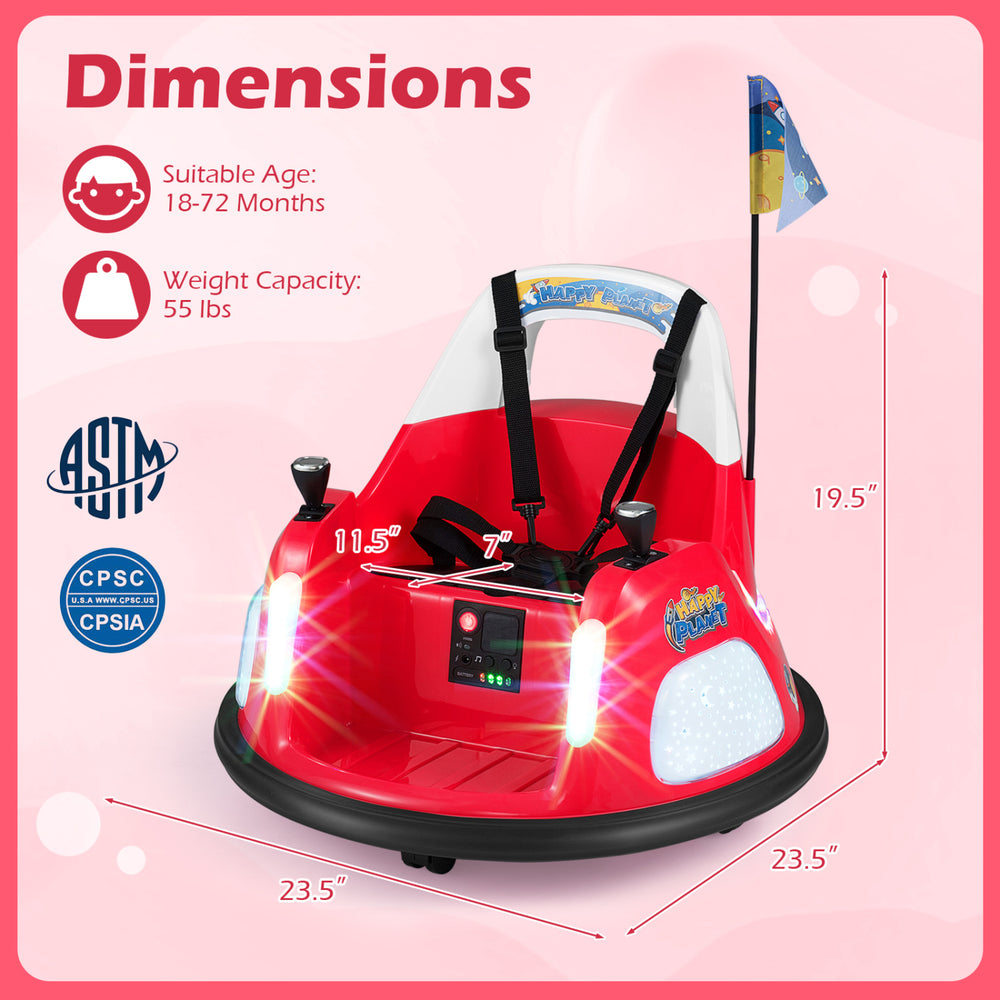 Red 12V kids ride-on bumper car with remote control, flashing lights, and dimensions for safe indoor and outdoor fun.
